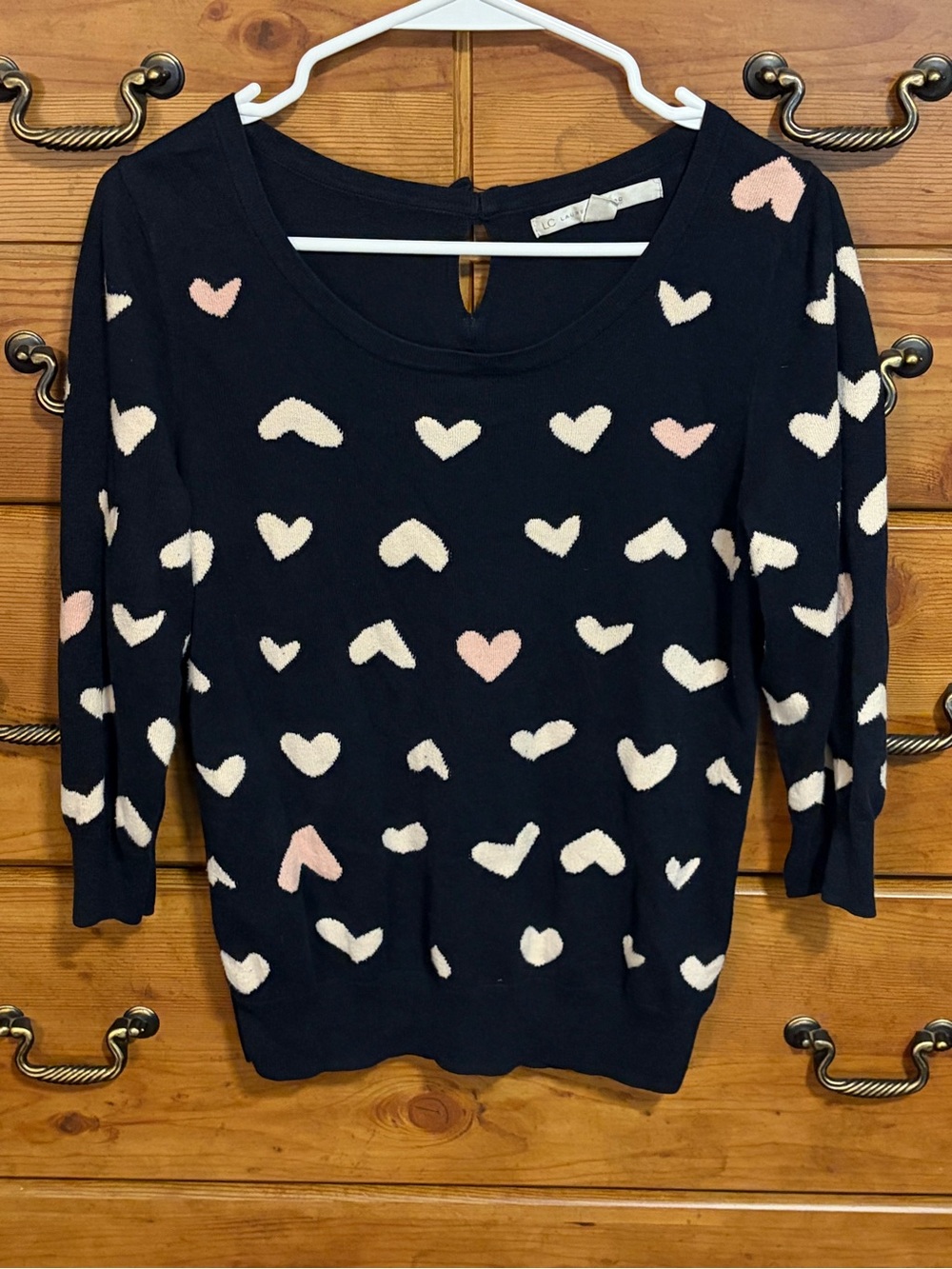 LC Lauren Conrad Navy Long-Sleeve Sweater Top with Pink & White Hearts